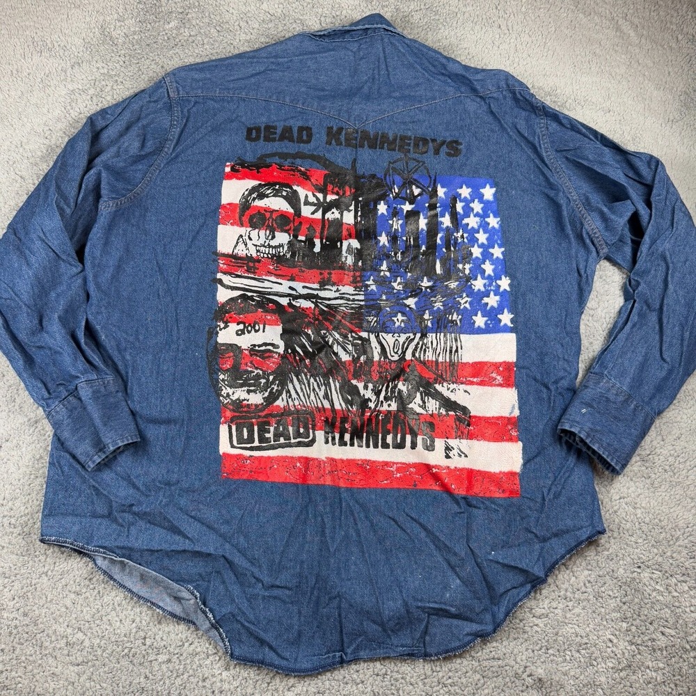 Vintage Wrangler Dead Kennedys Western Blue Denim Pearl Snap Shirt Men USA 19x36